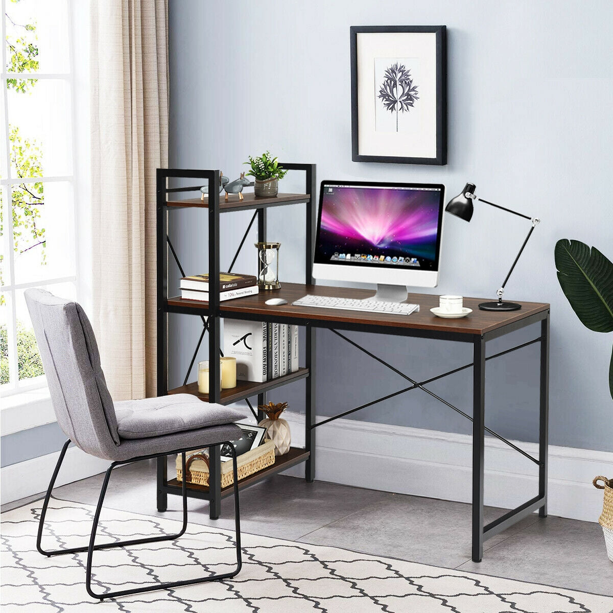 47.5 Inch Writing Study Computer Desk with 4-Tier Shelves-Tan