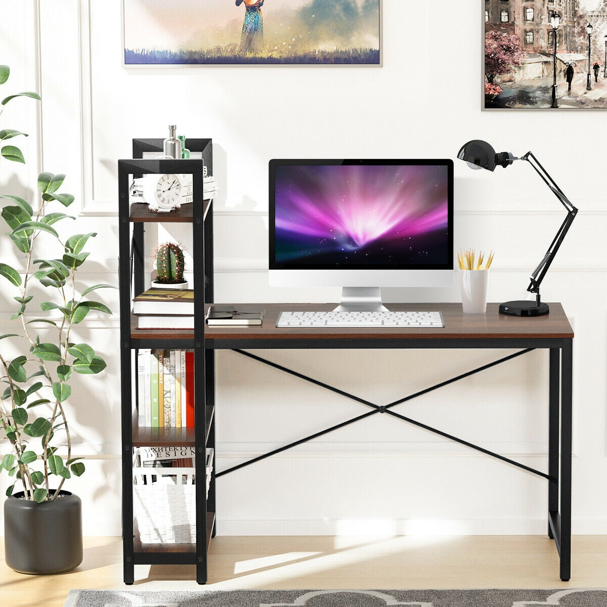 47.5 Inch Writing Study Computer Desk with 4-Tier Shelves-Tan