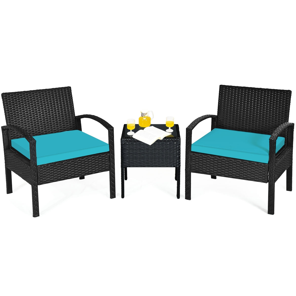 3 Pieces Outdoor Rattan Patio Conversation Set with Seat Cushions-Turquoise