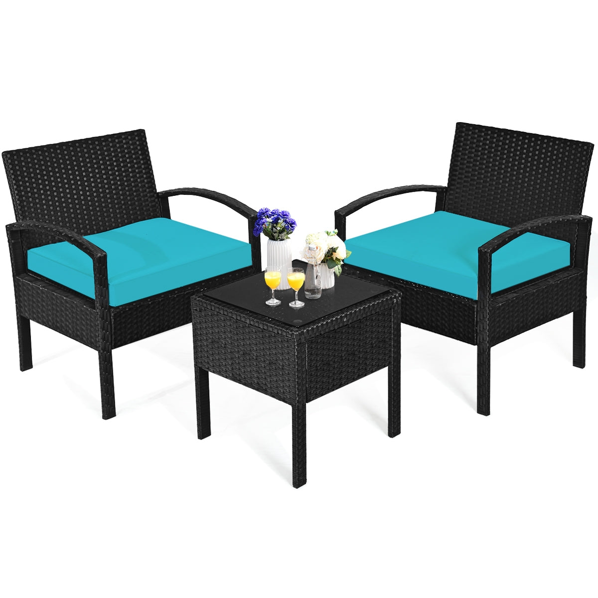 3 Pieces Outdoor Rattan Patio Conversation Set with Seat Cushions-Turquoise