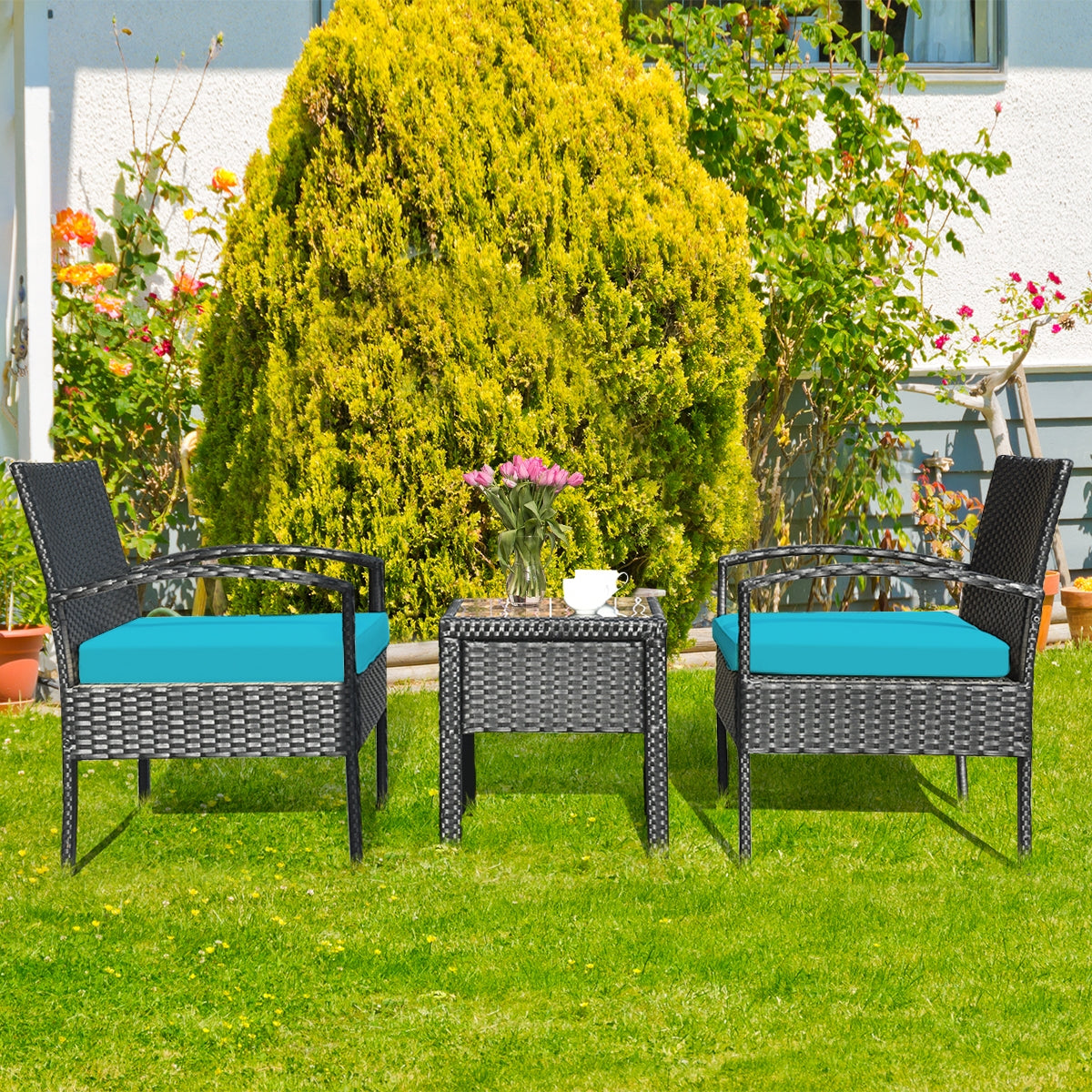 3 Pieces Outdoor Rattan Patio Conversation Set with Seat Cushions-Turquoise