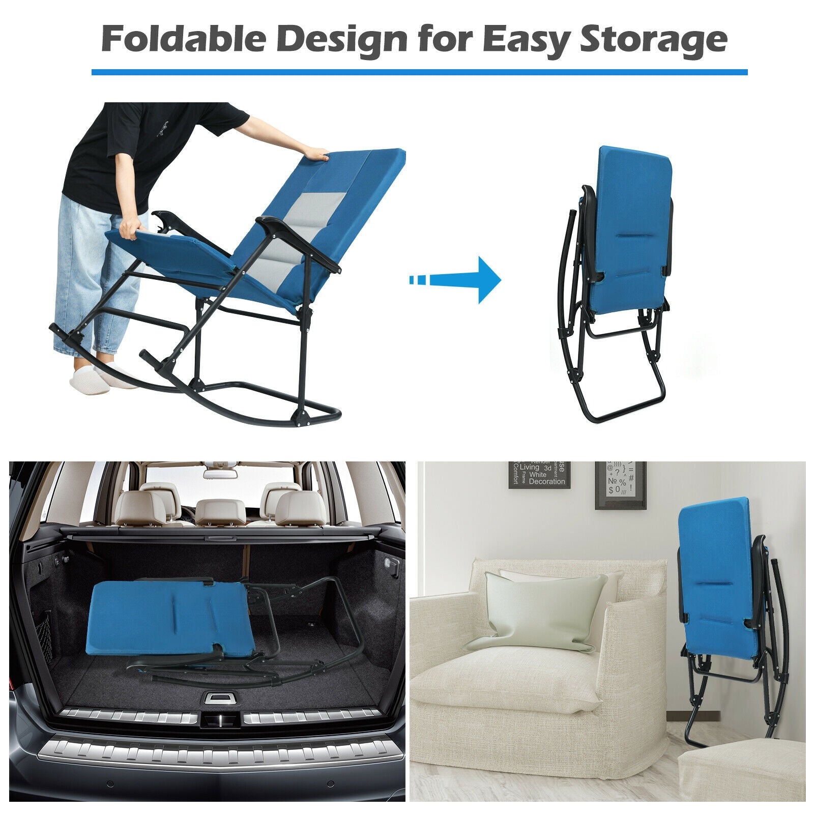 Foldable Rocking Padded Portable Camping Chair with Backrest and Armrest-Blue