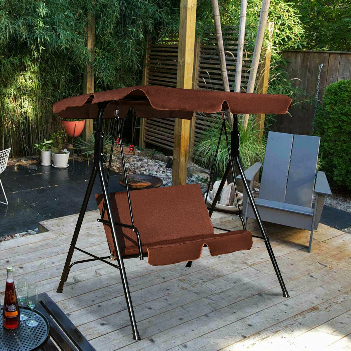 Loveseat Cushioned Patio Steel Frame Swing Glider-Coffee