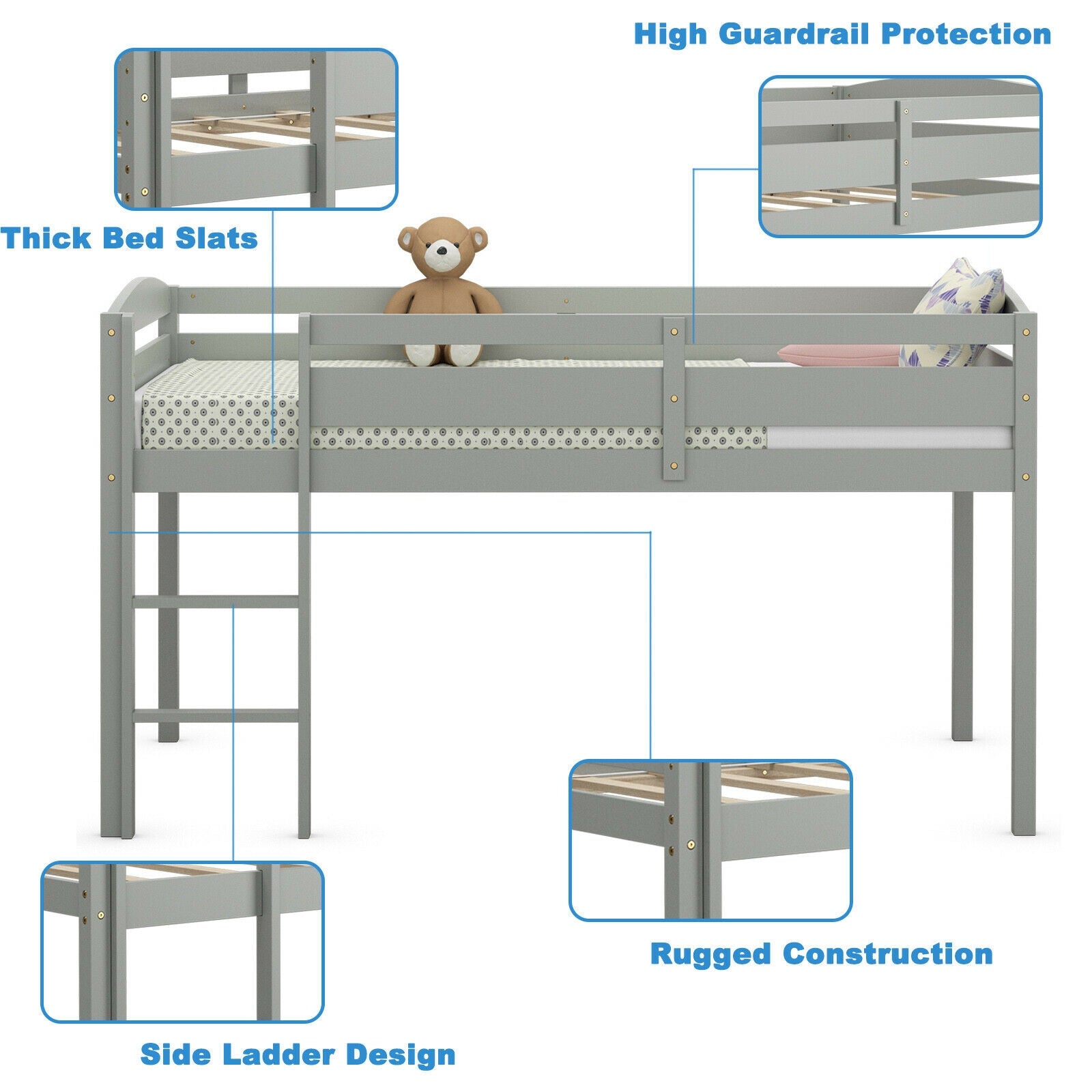 Wooden Twin Low Loft Bunk Bed with Guard Rail and Ladder-Gray