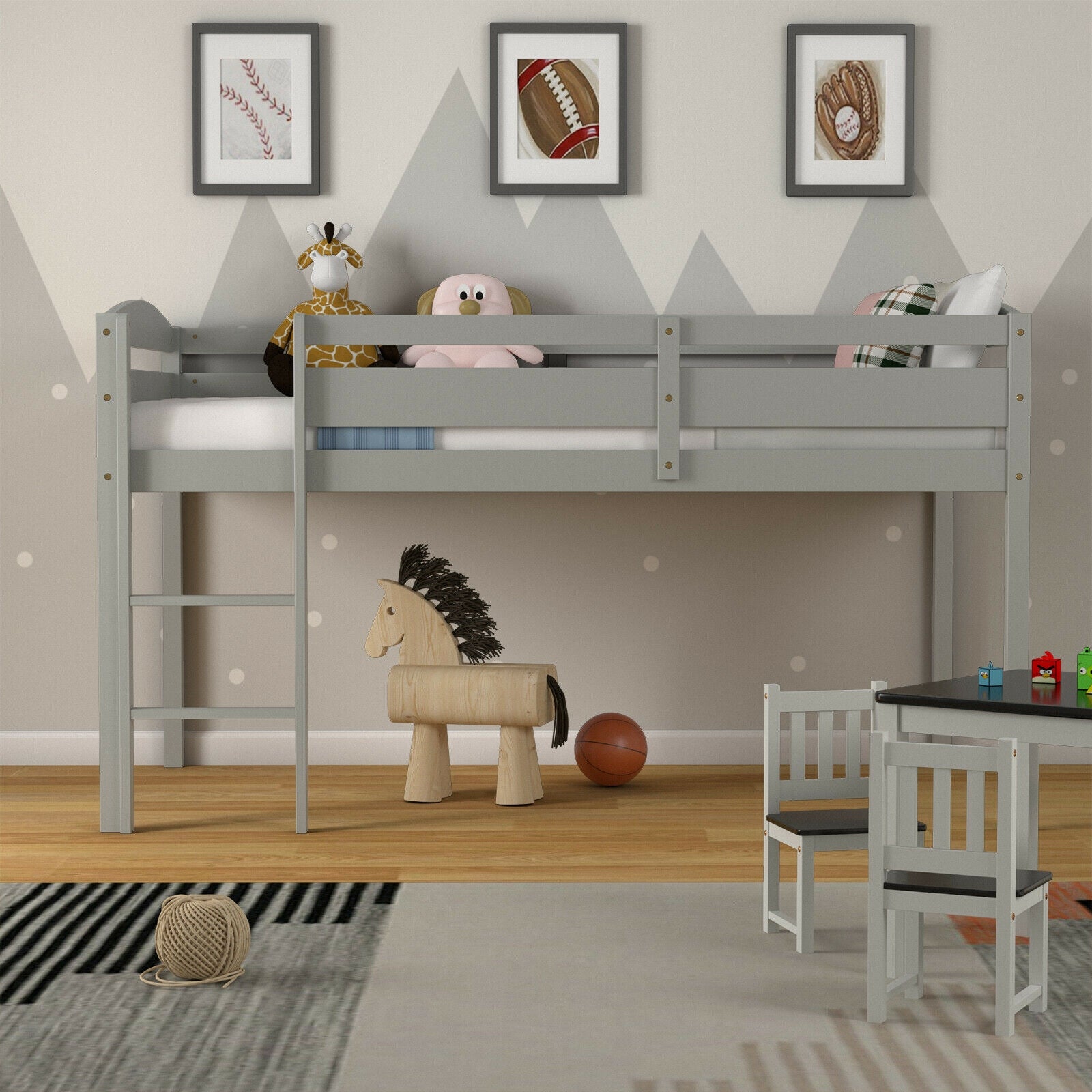 Wooden Twin Low Loft Bunk Bed with Guard Rail and Ladder-Gray