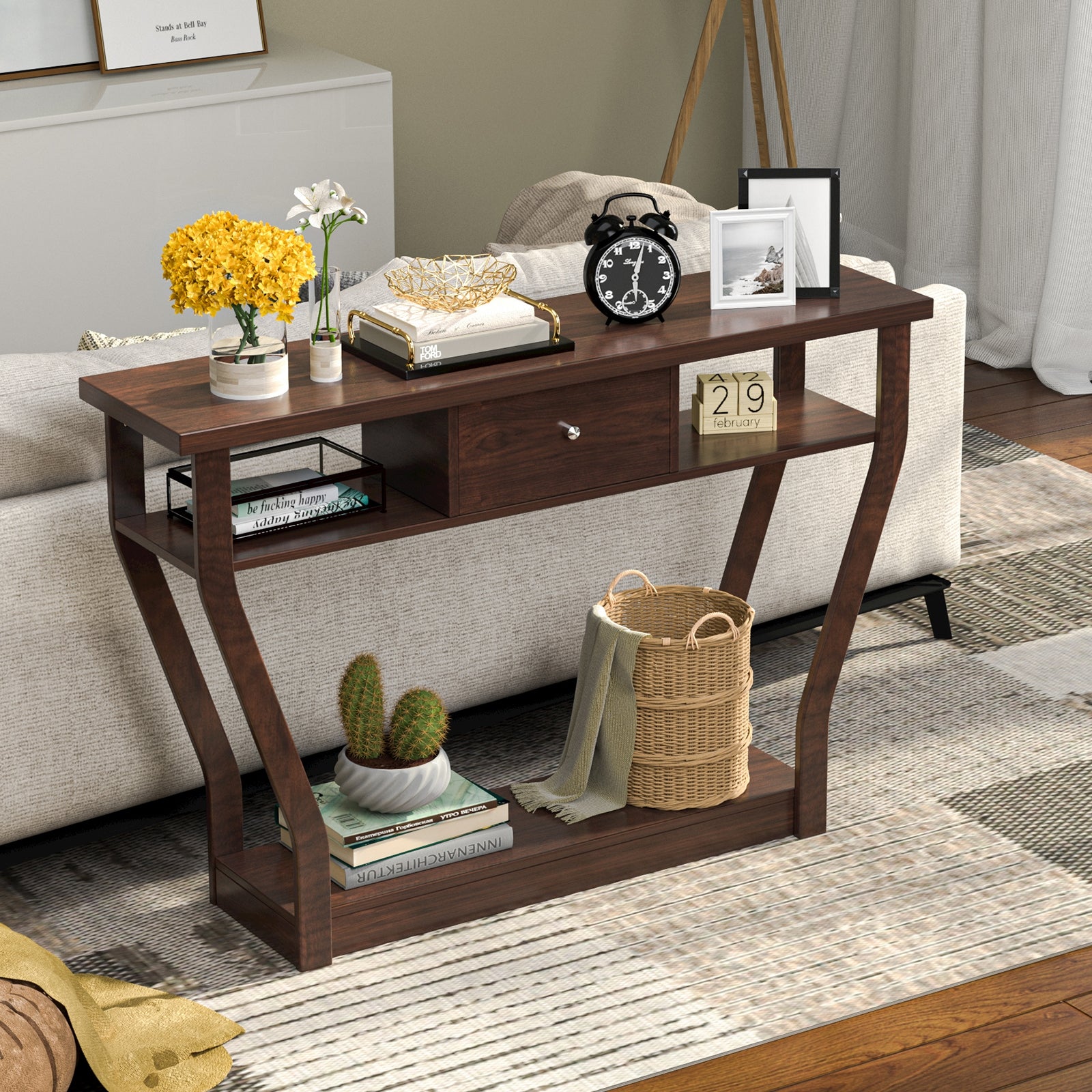 Modern Sofa Accent Table with Drawer-BrownÂ 