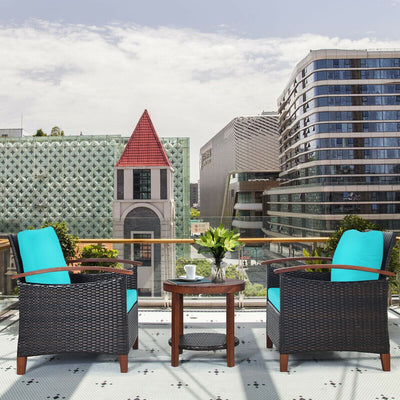 3 Pcs Solid Wood Frame Patio Rattan Furniture Set-TurquoiseÂ 