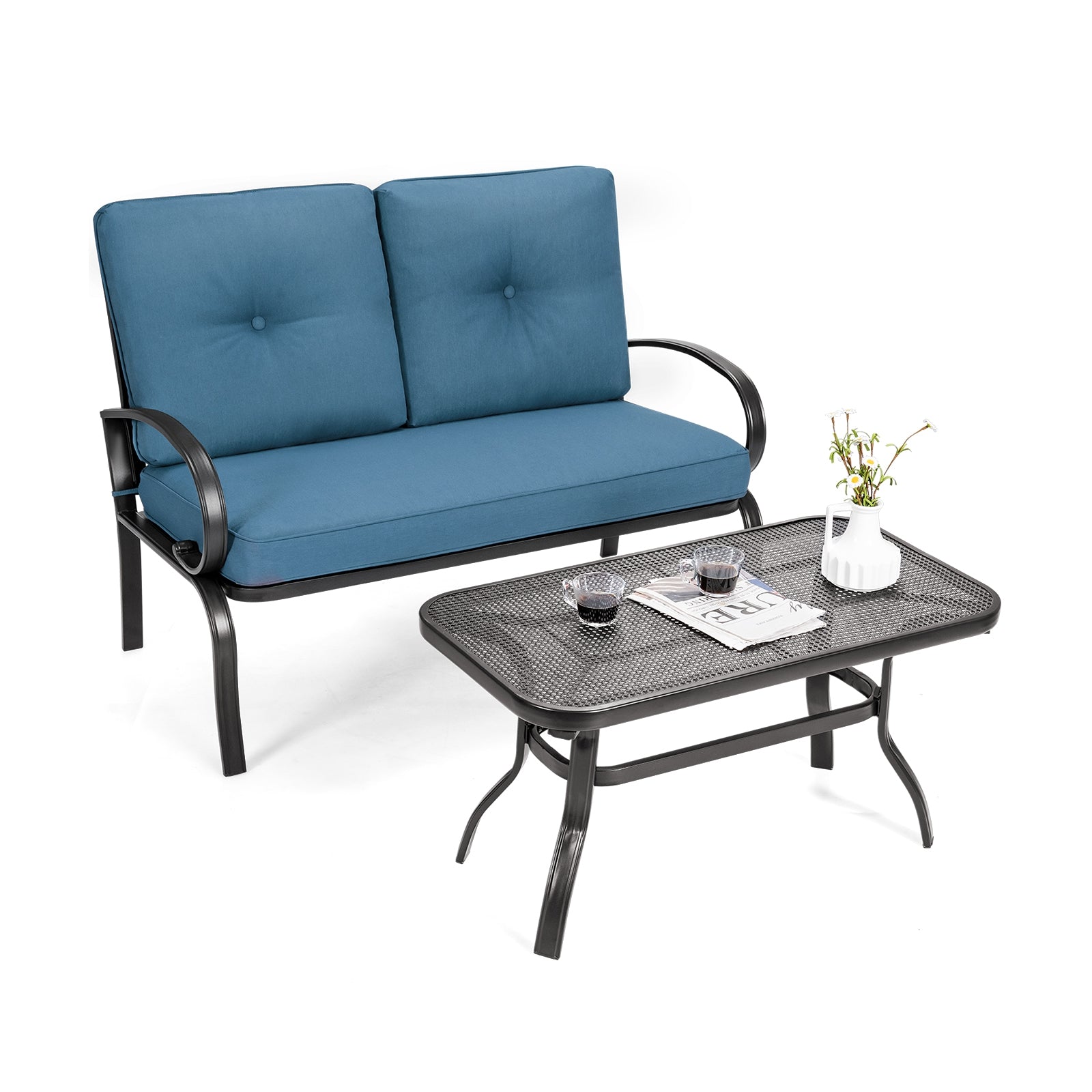 2 Pieces Patio Outdoor Cushioned Coffee Table Seat-Blue