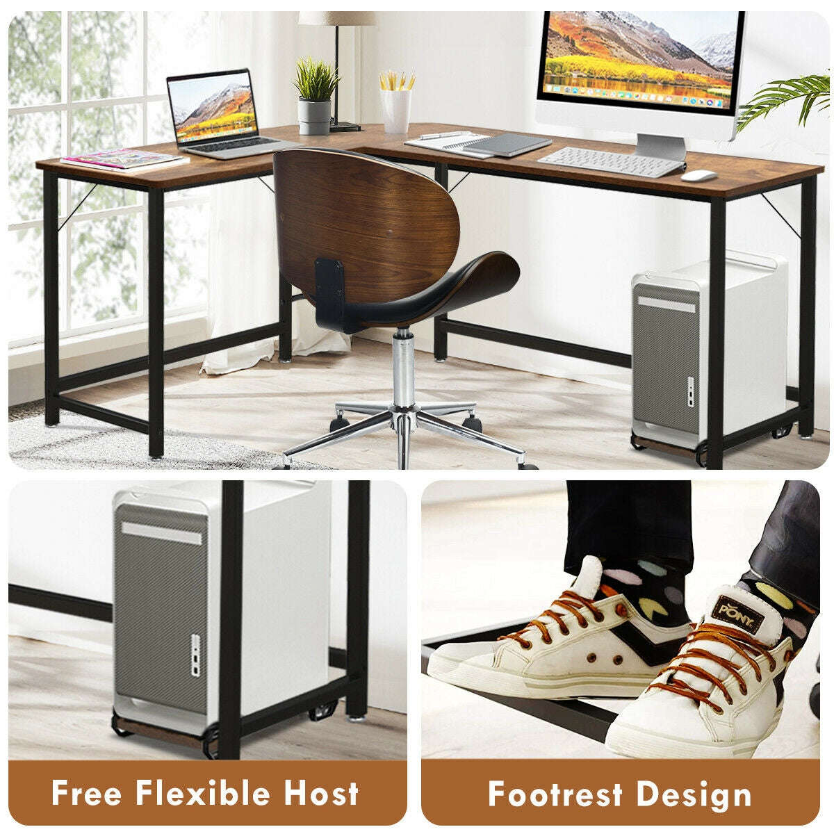 L Shaped Corner Computer Desk Laptop Gaming Table Workstation-Coffee