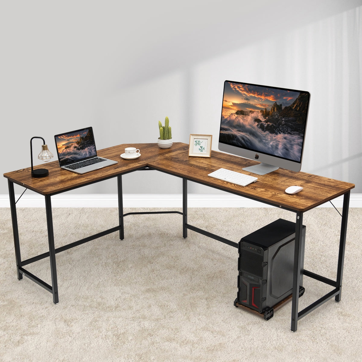 L Shaped Corner Computer Desk Laptop Gaming Table Workstation-CoffeeÂ 