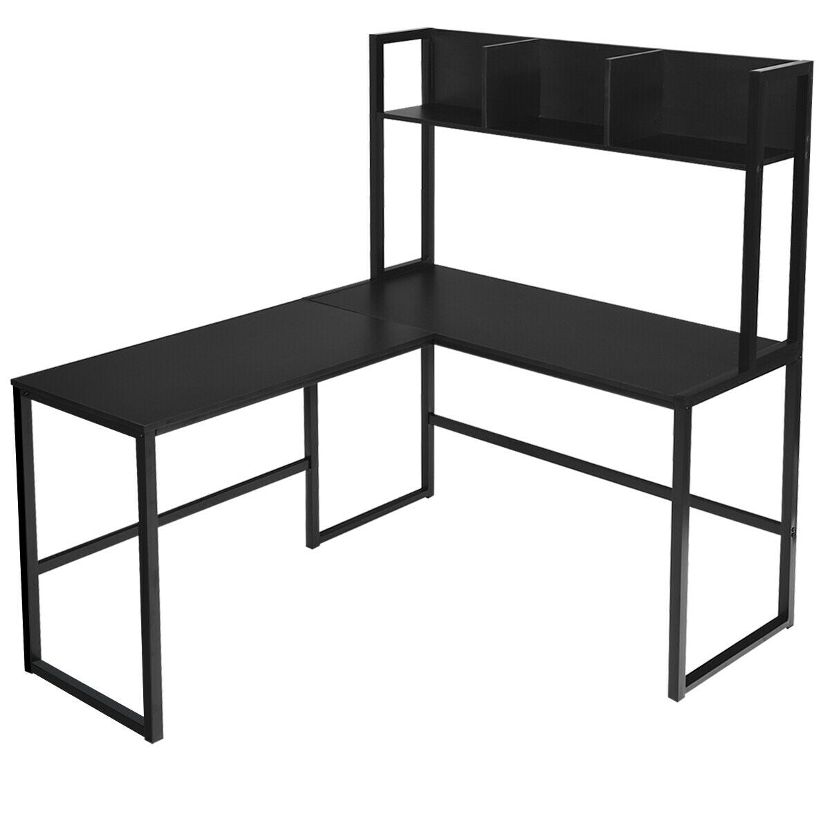 Industrial L-Shaped Desk Bookshelf 55 Inch Corner Computer Gaming Table-Black