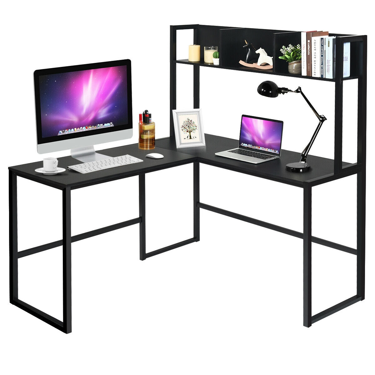 Industrial L-Shaped Desk Bookshelf 55 Inch Corner Computer Gaming Table-Black