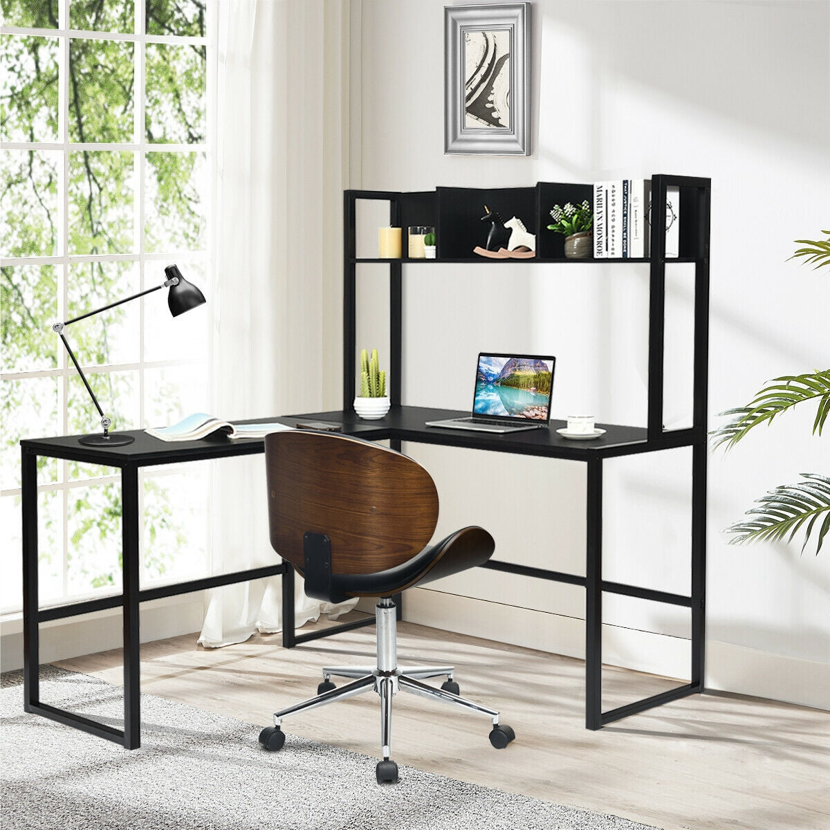 Industrial L-Shaped Desk Bookshelf 55 Inch Corner Computer Gaming Table-Black