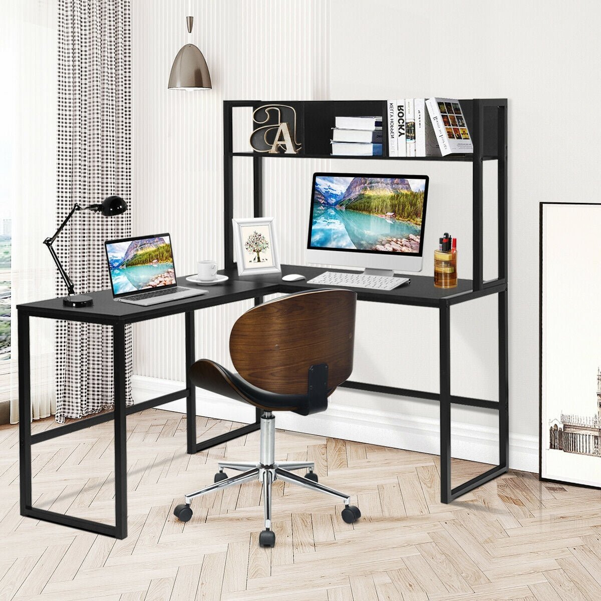 Industrial L-Shaped Desk Bookshelf 55 Inch Corner Computer Gaming Table-Black