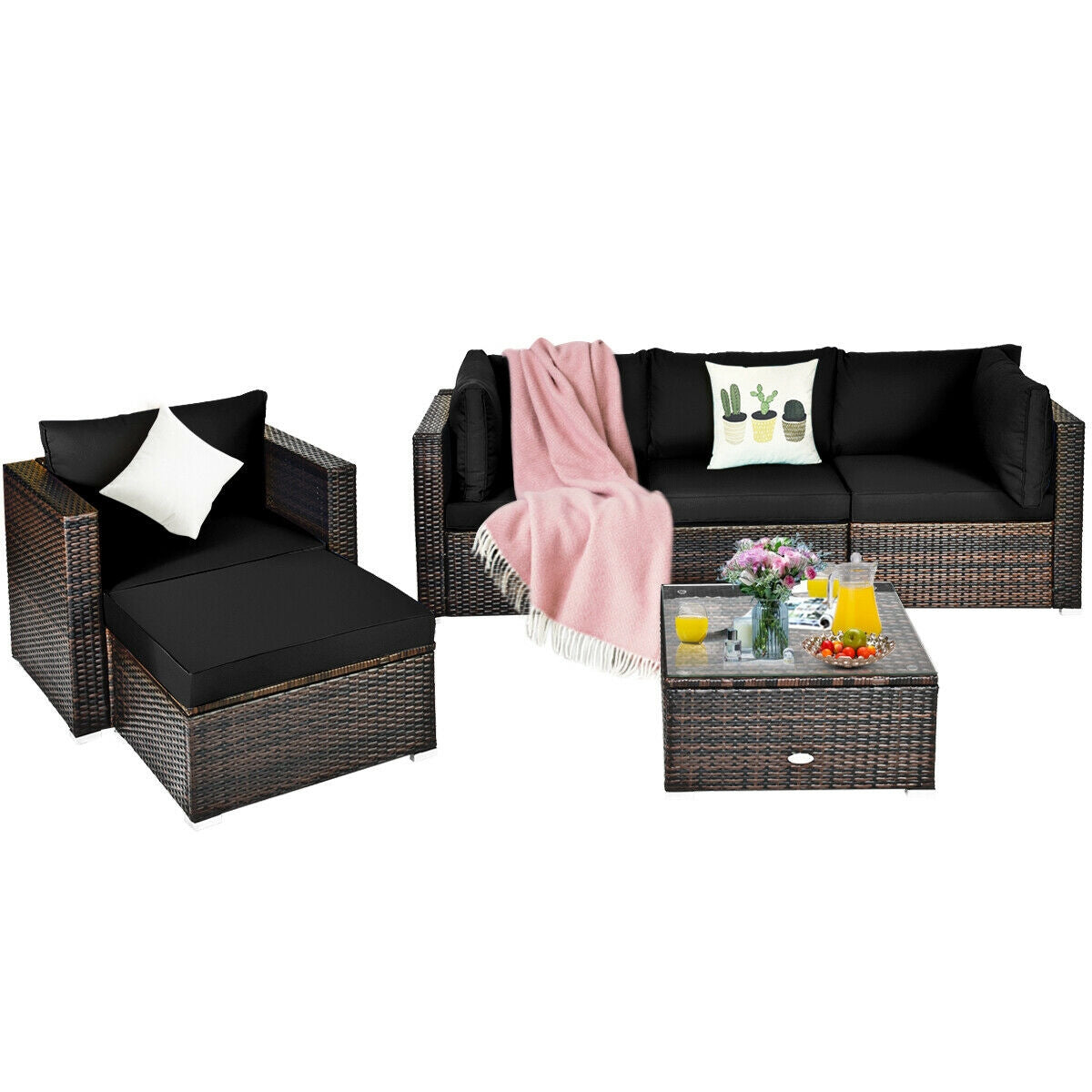 6 Pieces Patio Rattan Furniture Set with Sectional Cushion-Black