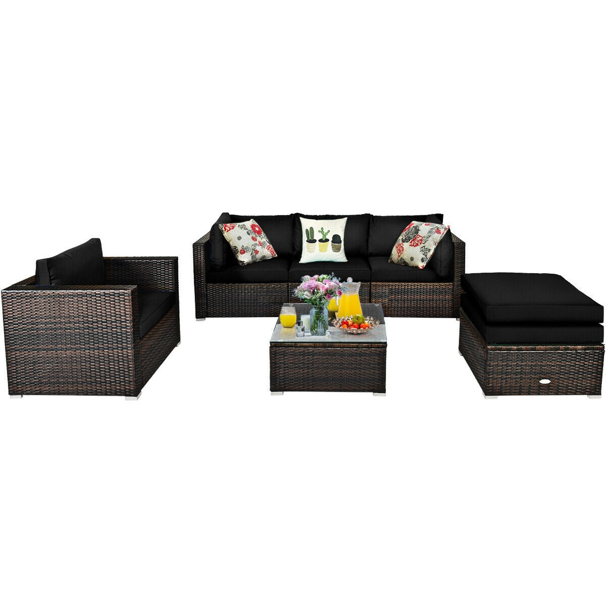 6 Pieces Patio Rattan Furniture Set with Sectional Cushion-Black