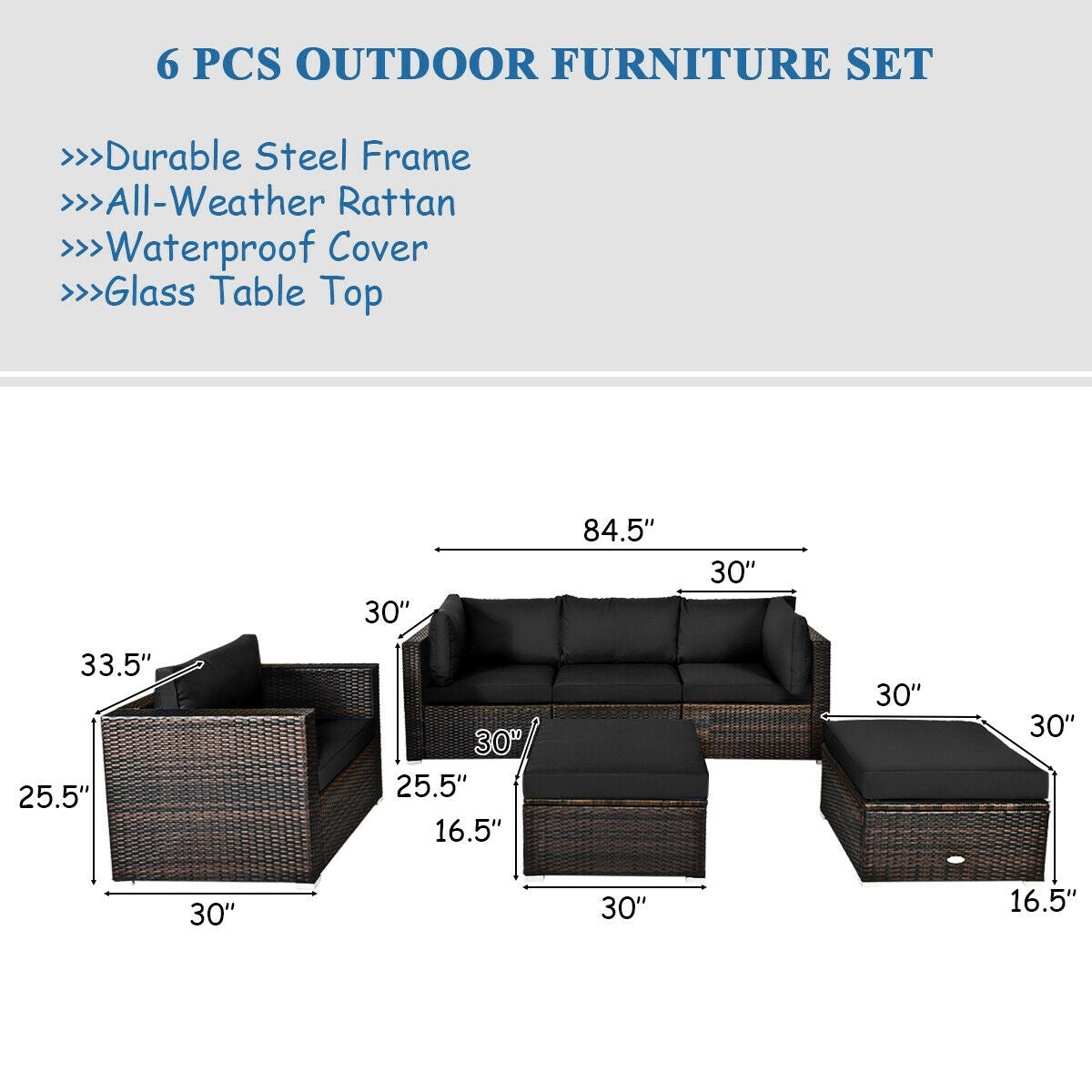 6 Pieces Patio Rattan Furniture Set with Sectional Cushion-Black