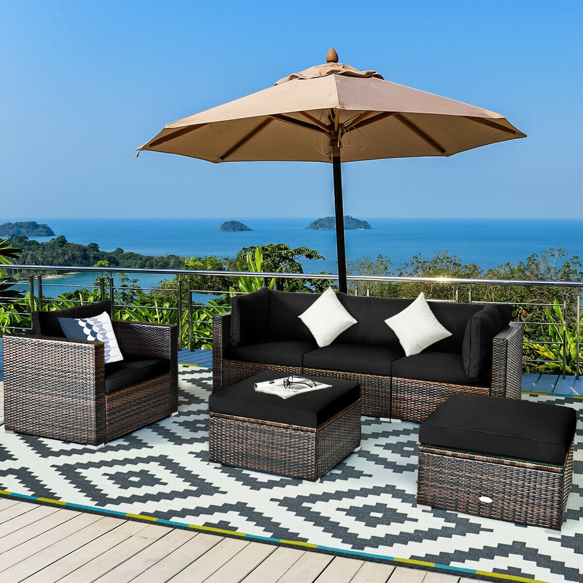 6 Pieces Patio Rattan Furniture Set with Sectional Cushion-Black