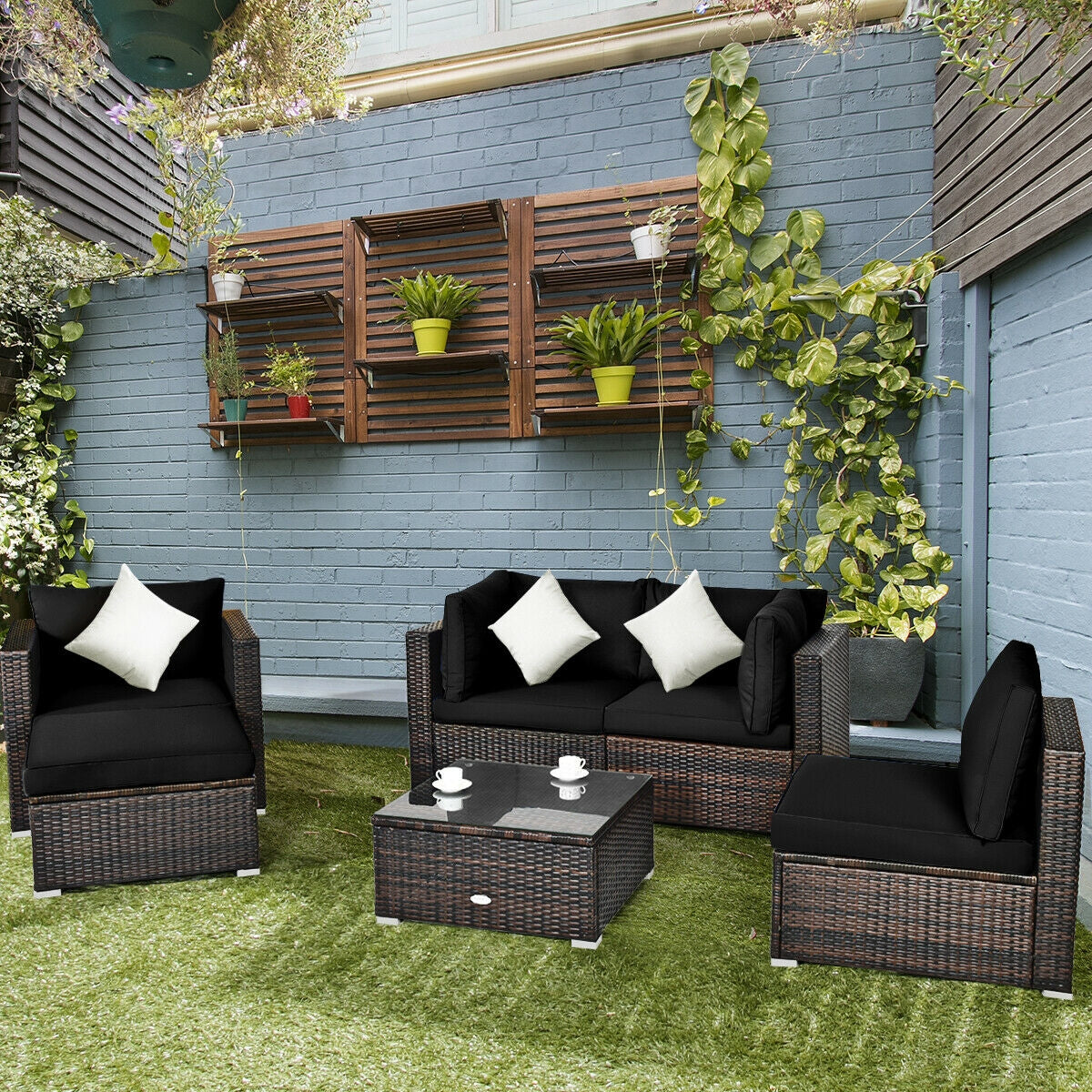 6 Pieces Patio Rattan Furniture Set with Sectional Cushion-Black