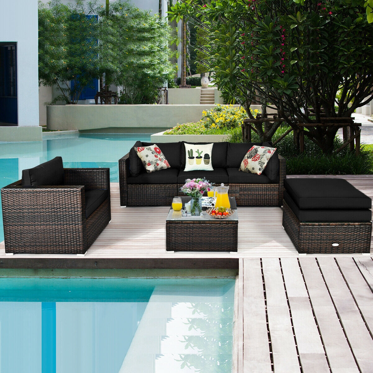 6 Pieces Patio Rattan Furniture Set with Sectional Cushion-Black