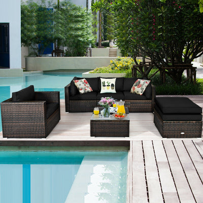 6 Pieces Patio Rattan Furniture Set with Sectional Cushion-BlackÂ 