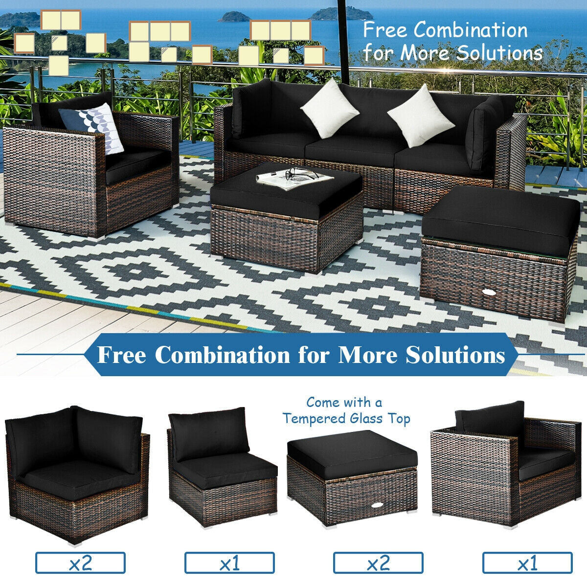 6 Pieces Patio Rattan Furniture Set with Sectional Cushion-Black