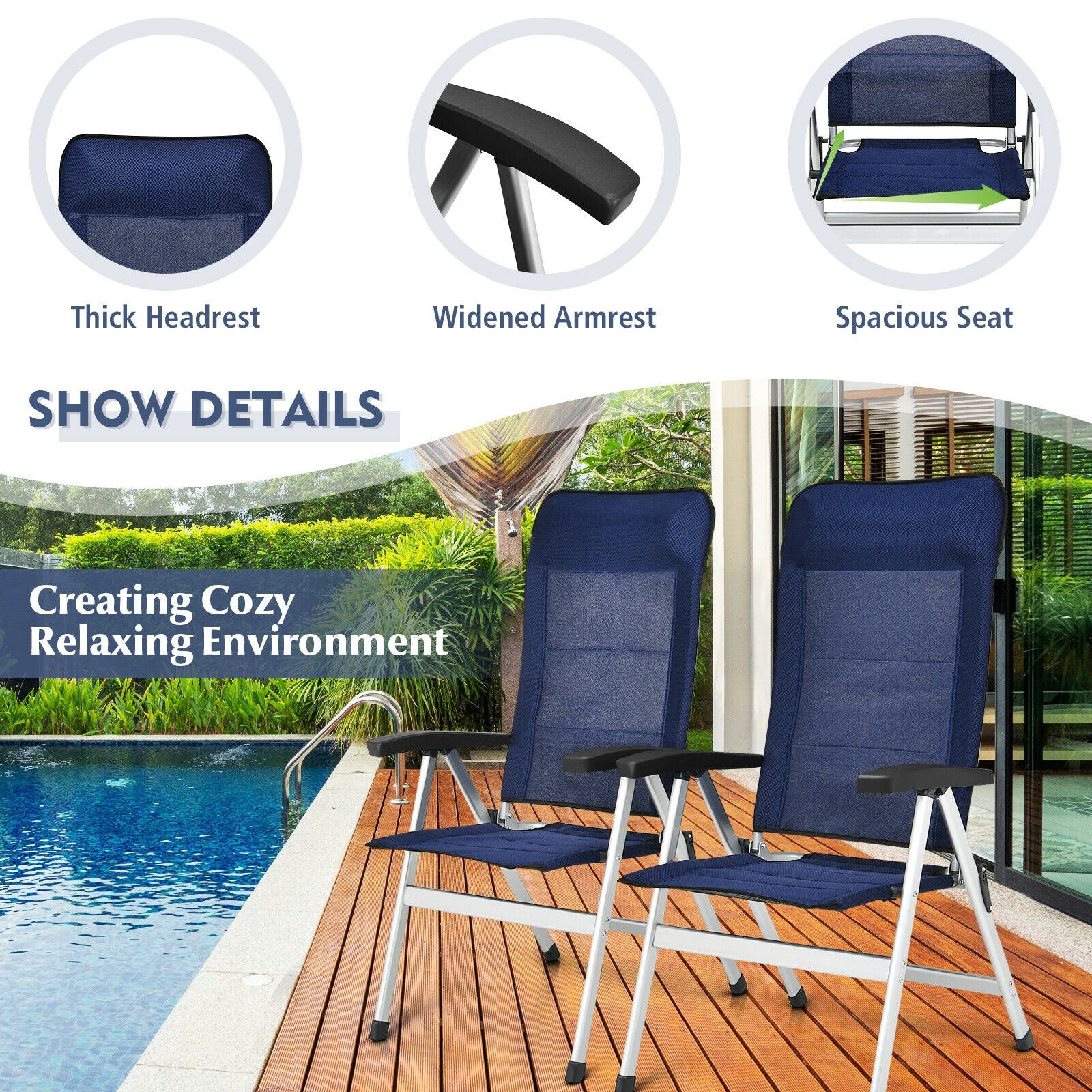 2Pcs Patio Dining Chair with Adjust Portable Headrest-Blue