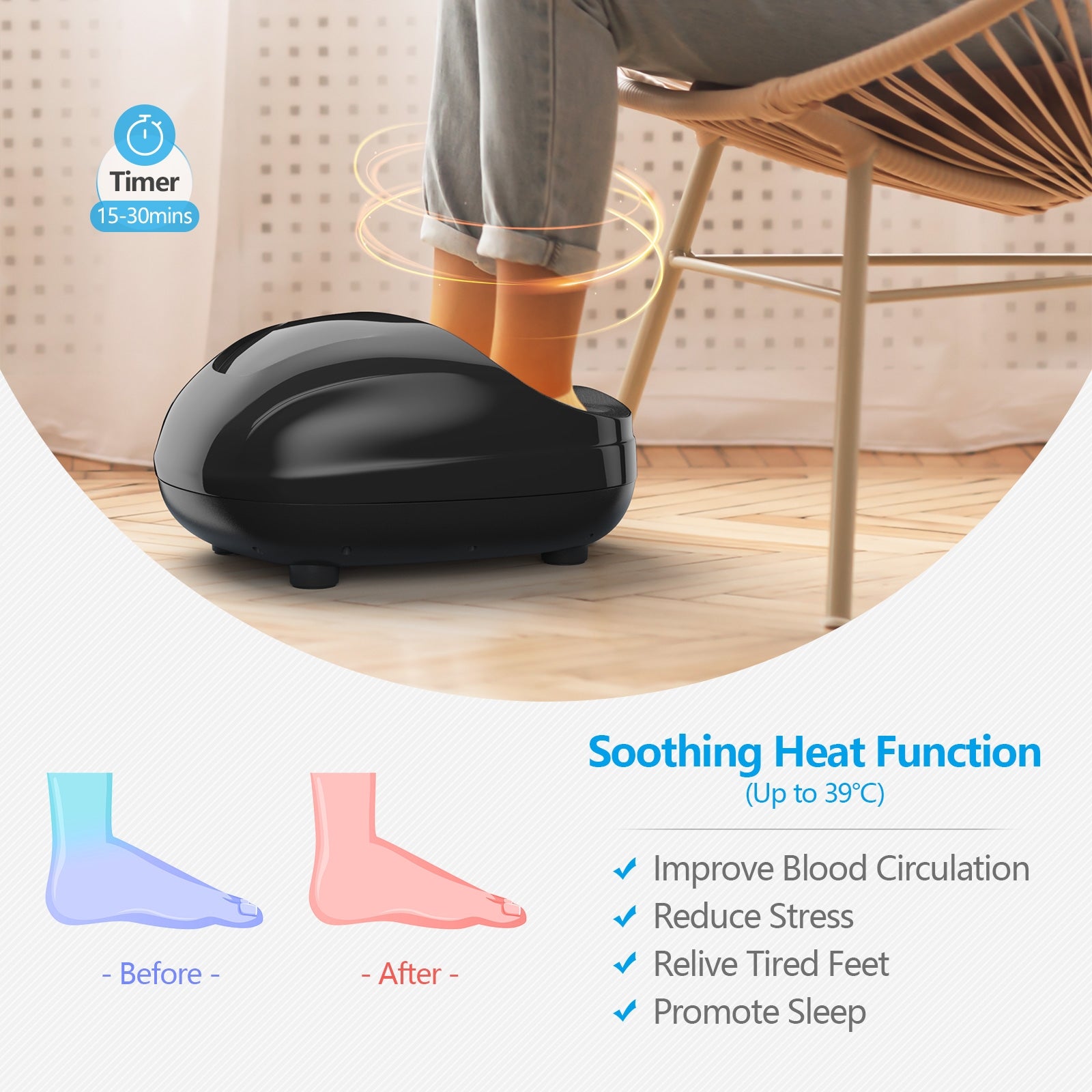 Shiatsu Foot Massager with Heat Kneading Rolling Scraping Air Compression-Black