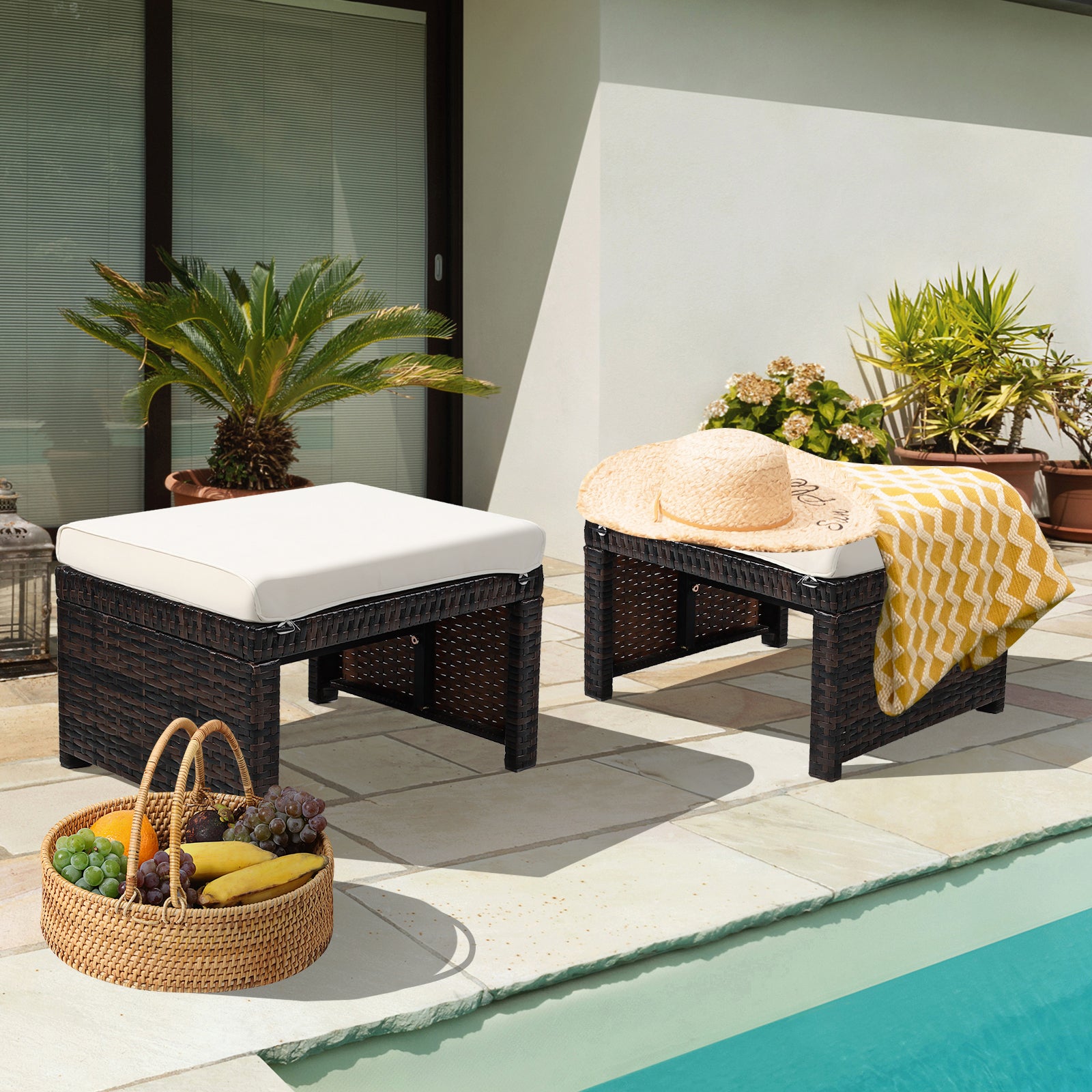 2 Pieces Patio Rattan Ottomans with Soft Cushion for Patio and Garden-WhiteÂ 