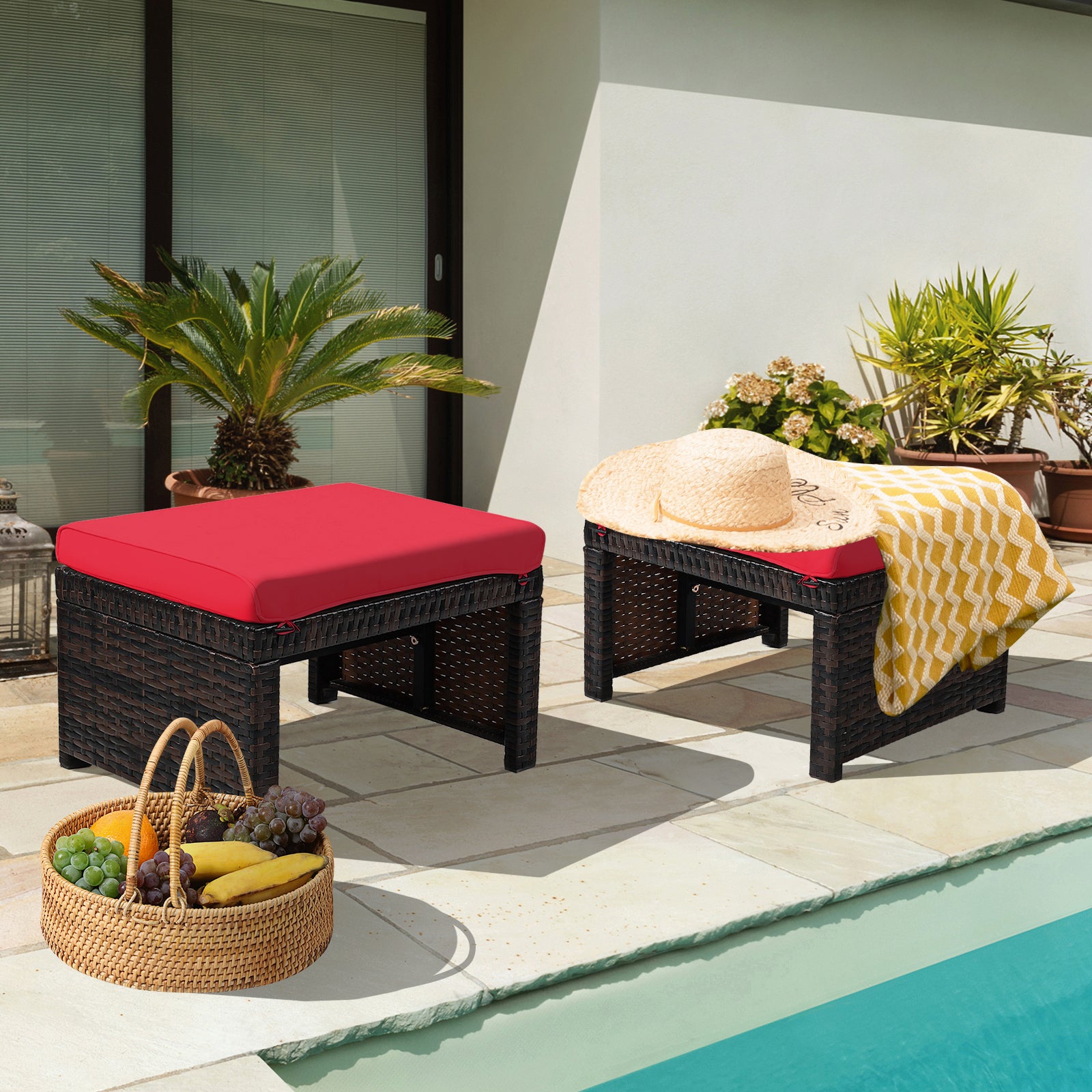 2 Pieces Patio Rattan Ottomans with Soft Cushion for Patio and Garden-RedÂ 