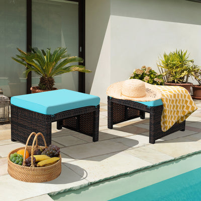 2 Pieces Patio Rattan Ottomans with Soft Cushion for Patio and Garden-TurquoiseÂ 