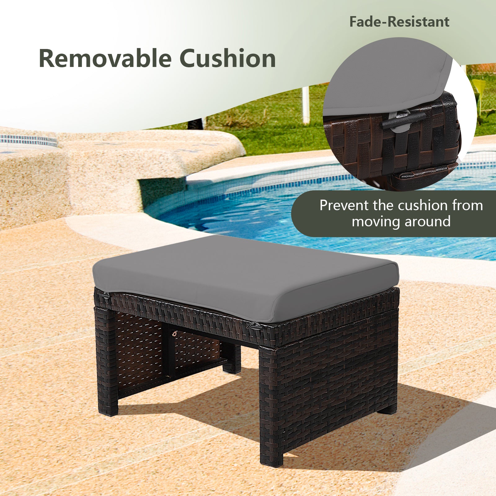 2 Pieces Patio Rattan Ottomans with Soft Cushion for Patio and Garden-Gray