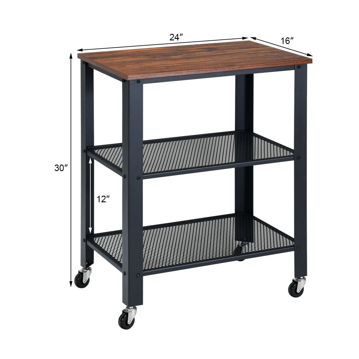 3-Tier Kitchen Utility  Industrial Cart with Storage-Brown