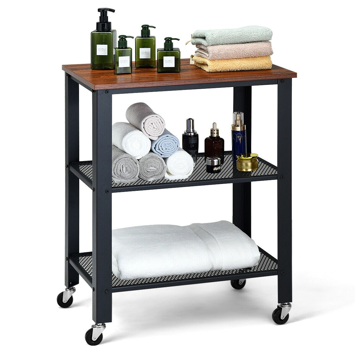 3-Tier Kitchen Utility  Industrial Cart with Storage-Brown