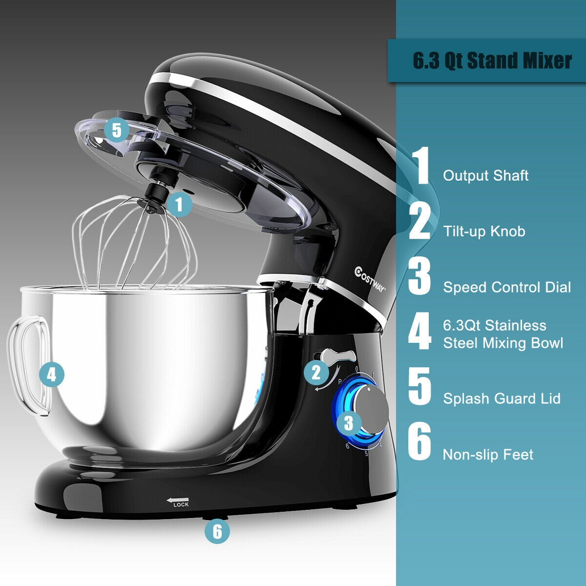 6.3 Qt 6 Speed 660W  Tilt-Head Food Stand Mixer-Black