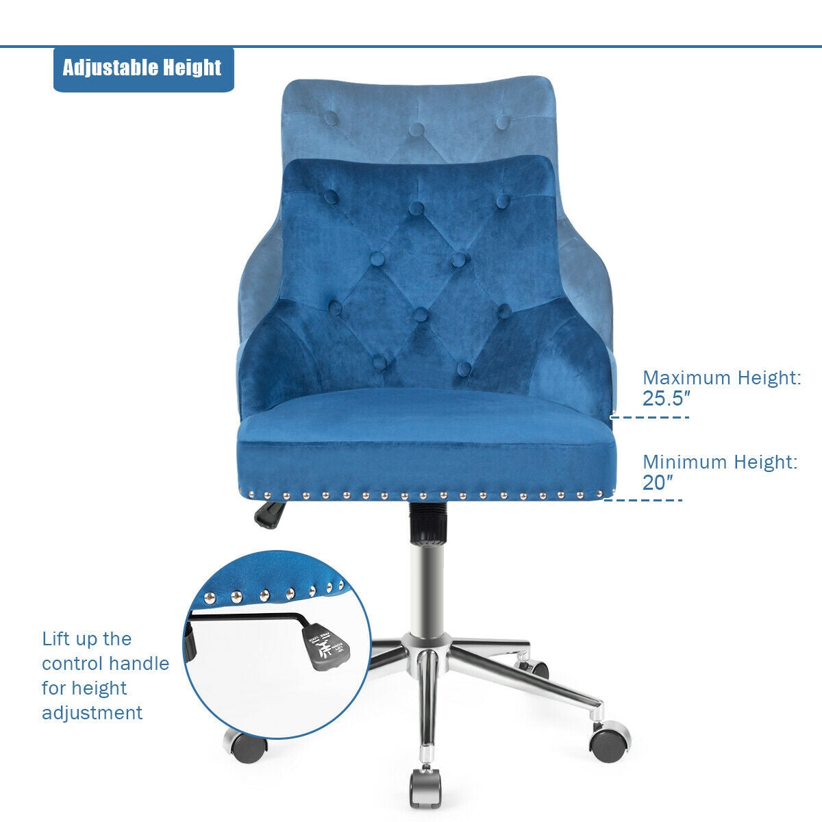 Tufted Upholstered Swivel Computer Desk Chair with Nailed Tri-Blue