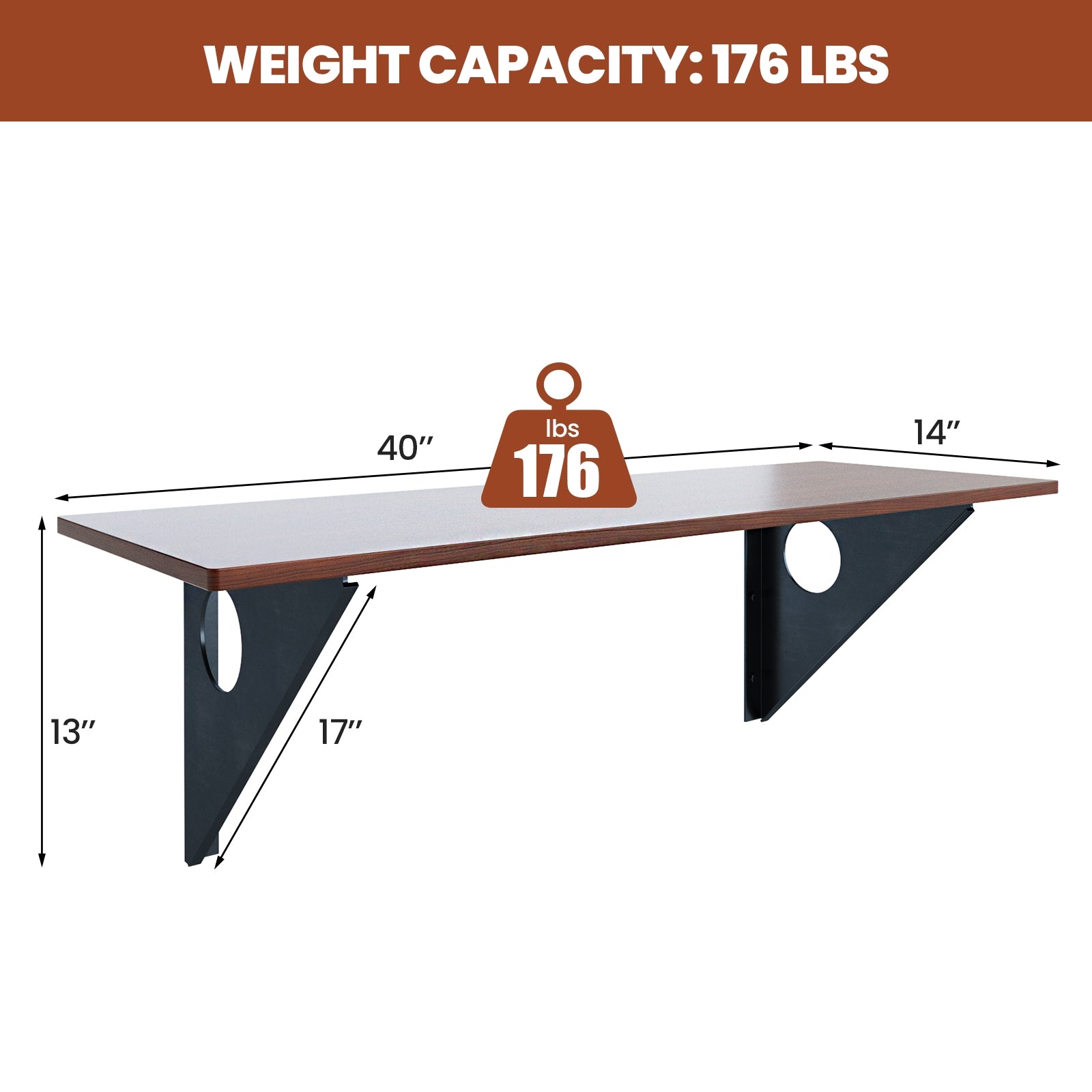 40 x 14 Inch Wall-Mounted Desk Rubber Wood Dining Table with Sturdy Steel Bracket