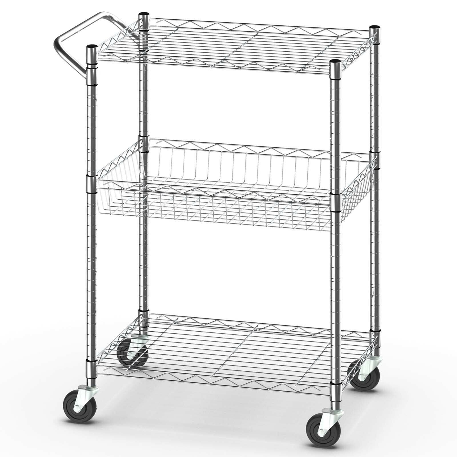 3-Tier Rolling Utility Cart with Handle Bar and Adjustable Shelves