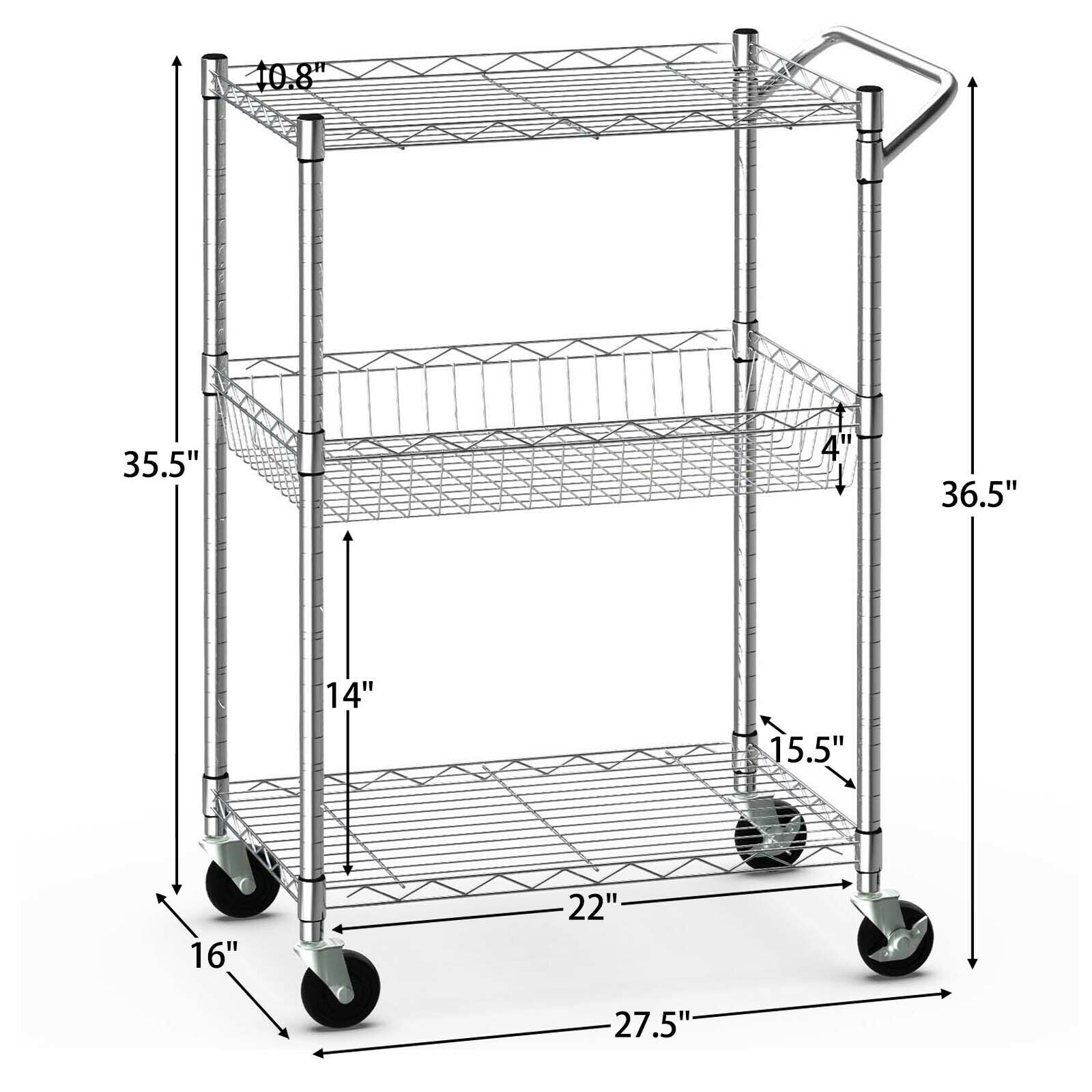 3-Tier Rolling Utility Cart with Handle Bar and Adjustable Shelves