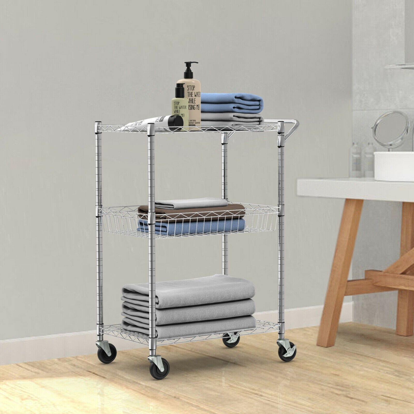 3-Tier Rolling Utility Cart with Handle Bar and Adjustable Shelves