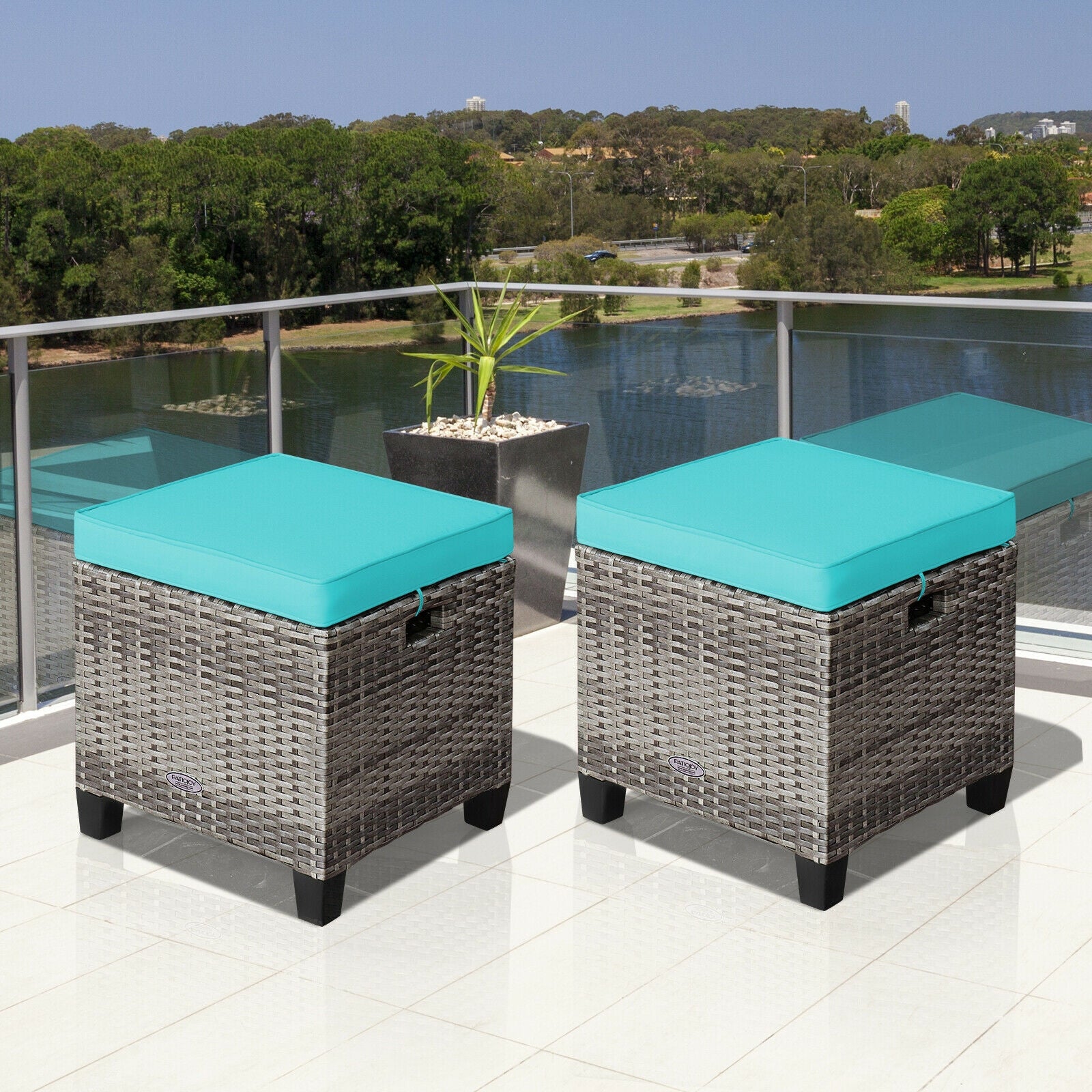 2PCS Patio Rattan Wicker Ottoman Seat with Removable Cushions-TurquoiseÂ 