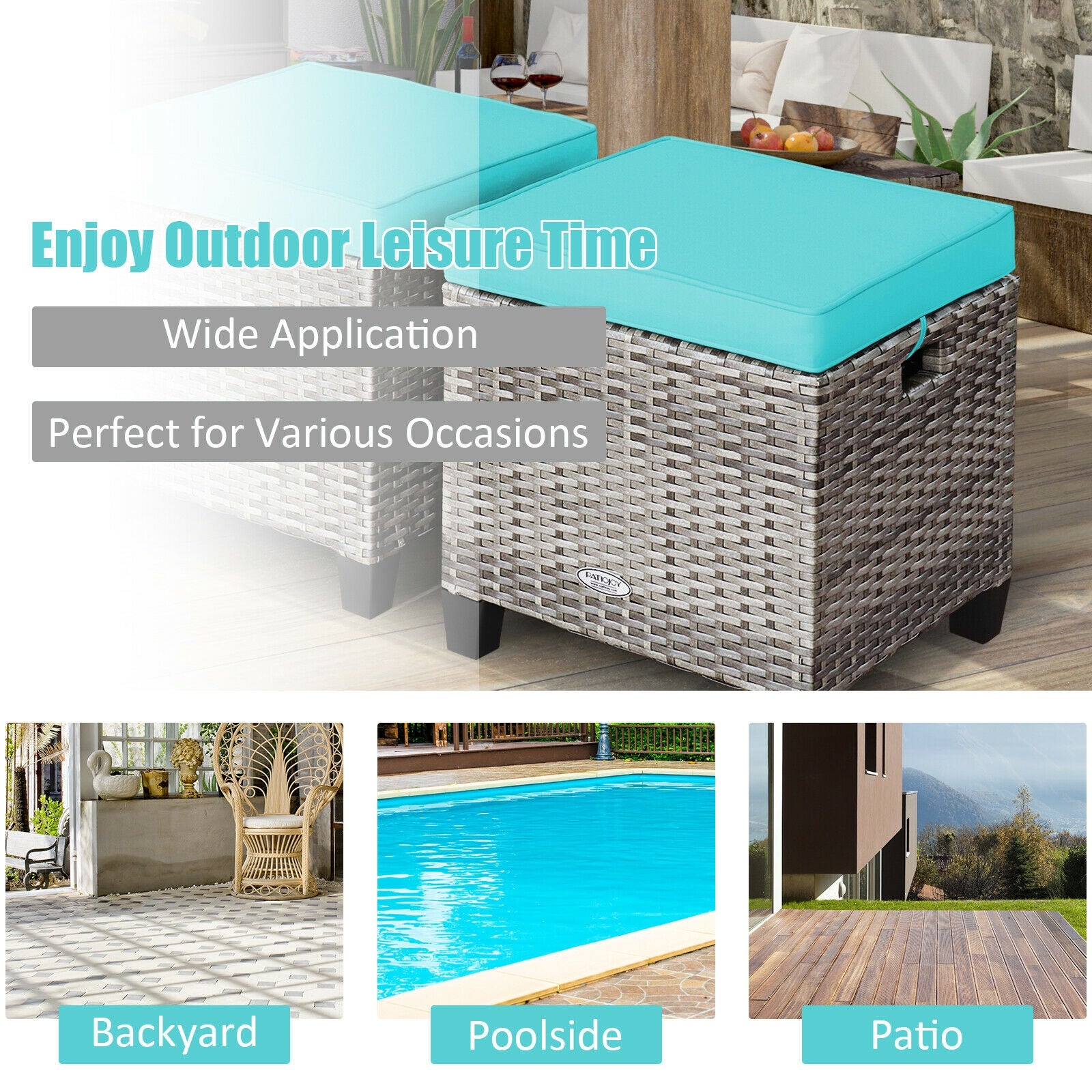 2PCS Patio Rattan Wicker Ottoman Seat with Removable Cushions-Turquoise