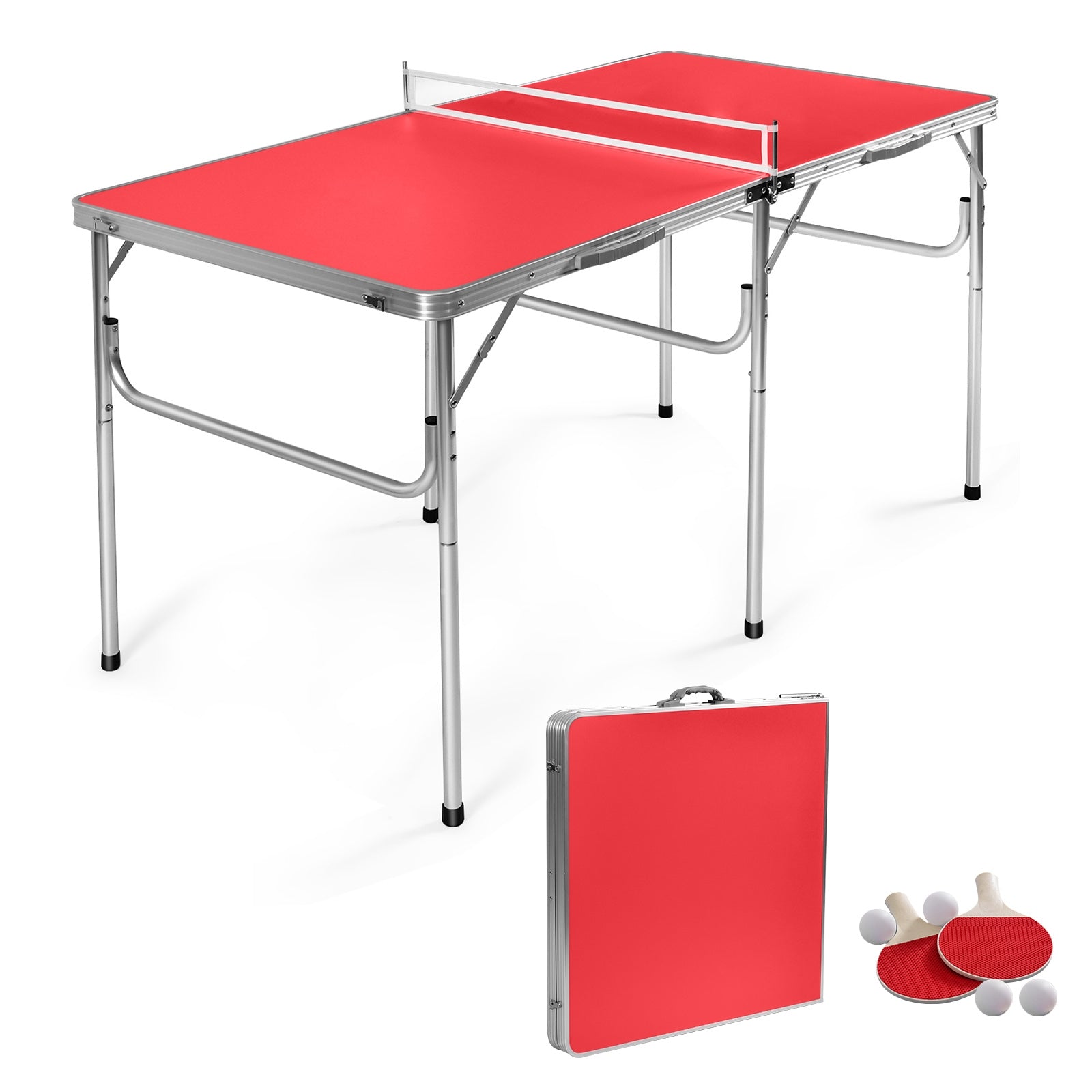 60 Inch Portable Tennis Ping Pong Folding Table with Accessories-Red