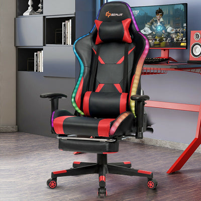 Massage Gaming Chair Ergonomic High Back with RGB Light and RecliningHandrails-RedÂ 