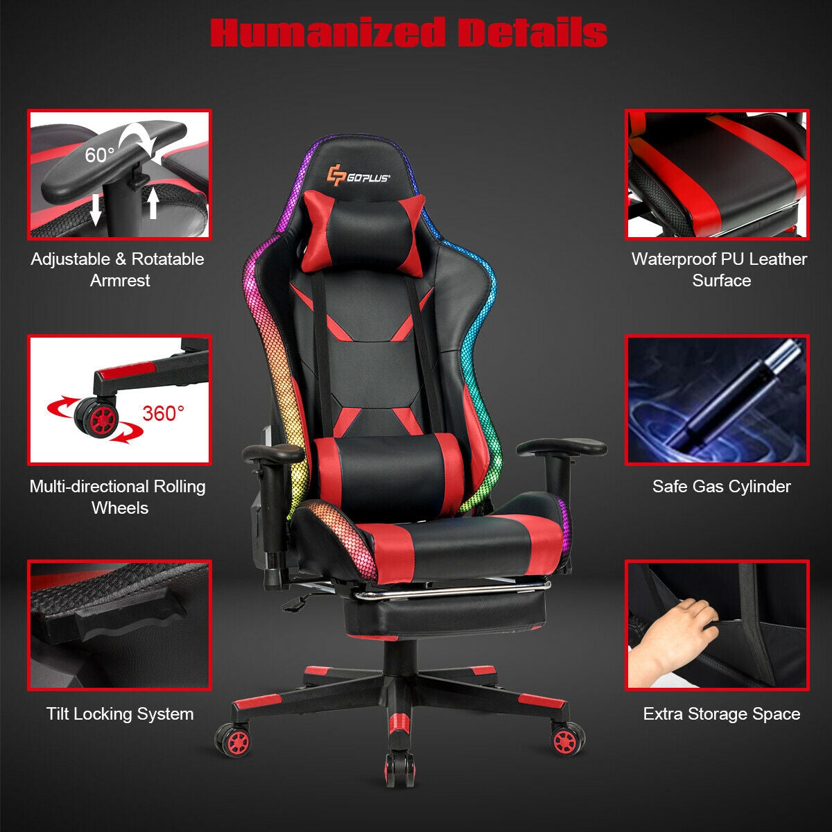 Massage Gaming Chair Ergonomic High Back with RGB Light and RecliningHandrails-Red