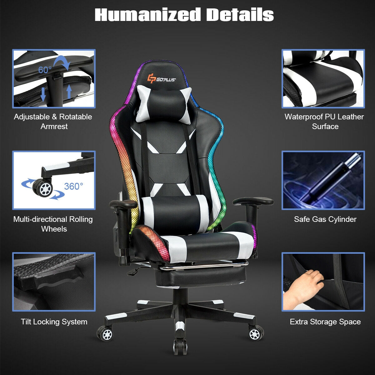 Massage Racing Gaming Chair  Chair with RGB LED Lights-White