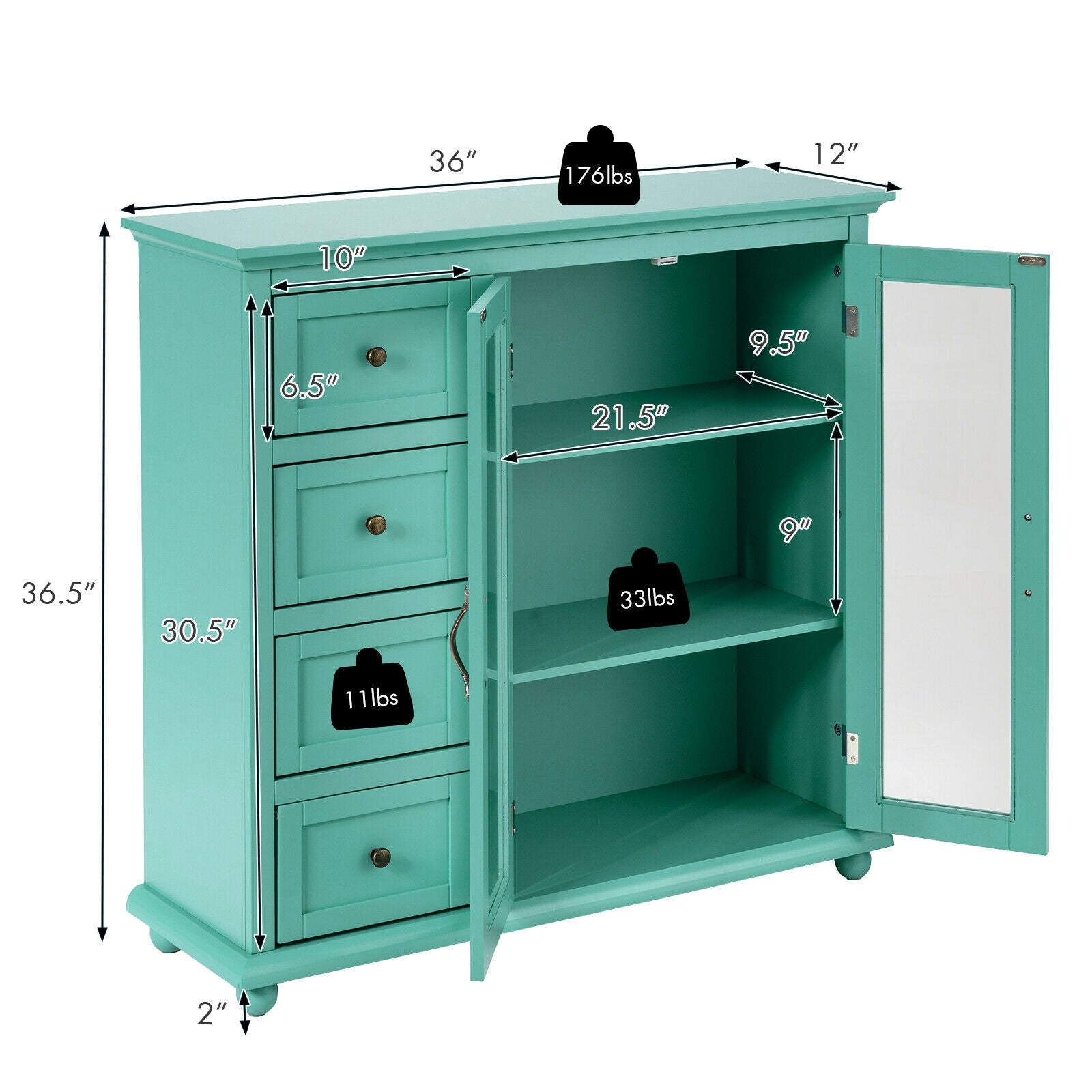 Buffet Sideboard Table Kitchen Storage Cabinet with Drawers and Doors-Green