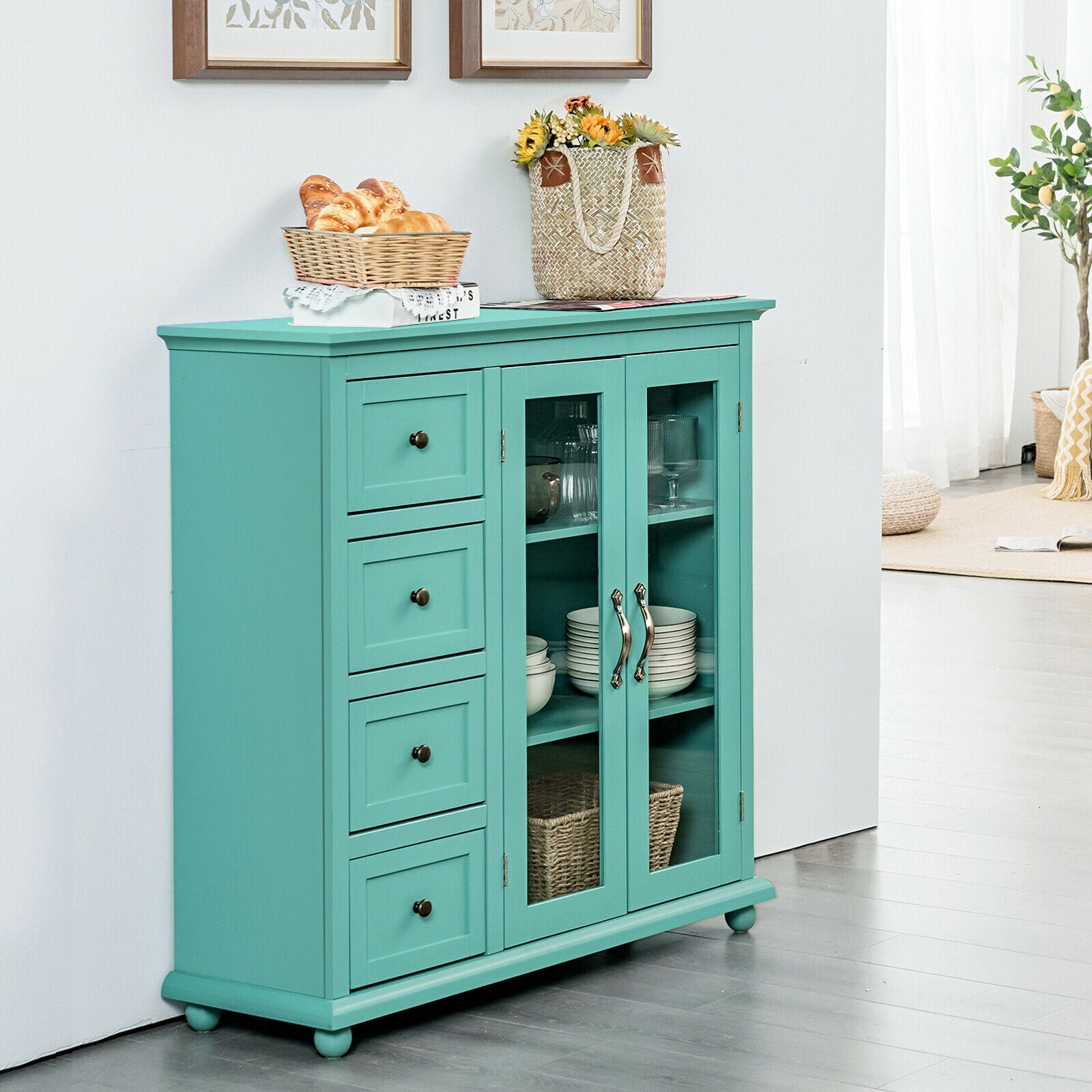 Buffet Sideboard Table Kitchen Storage Cabinet with Drawers and Doors-Green