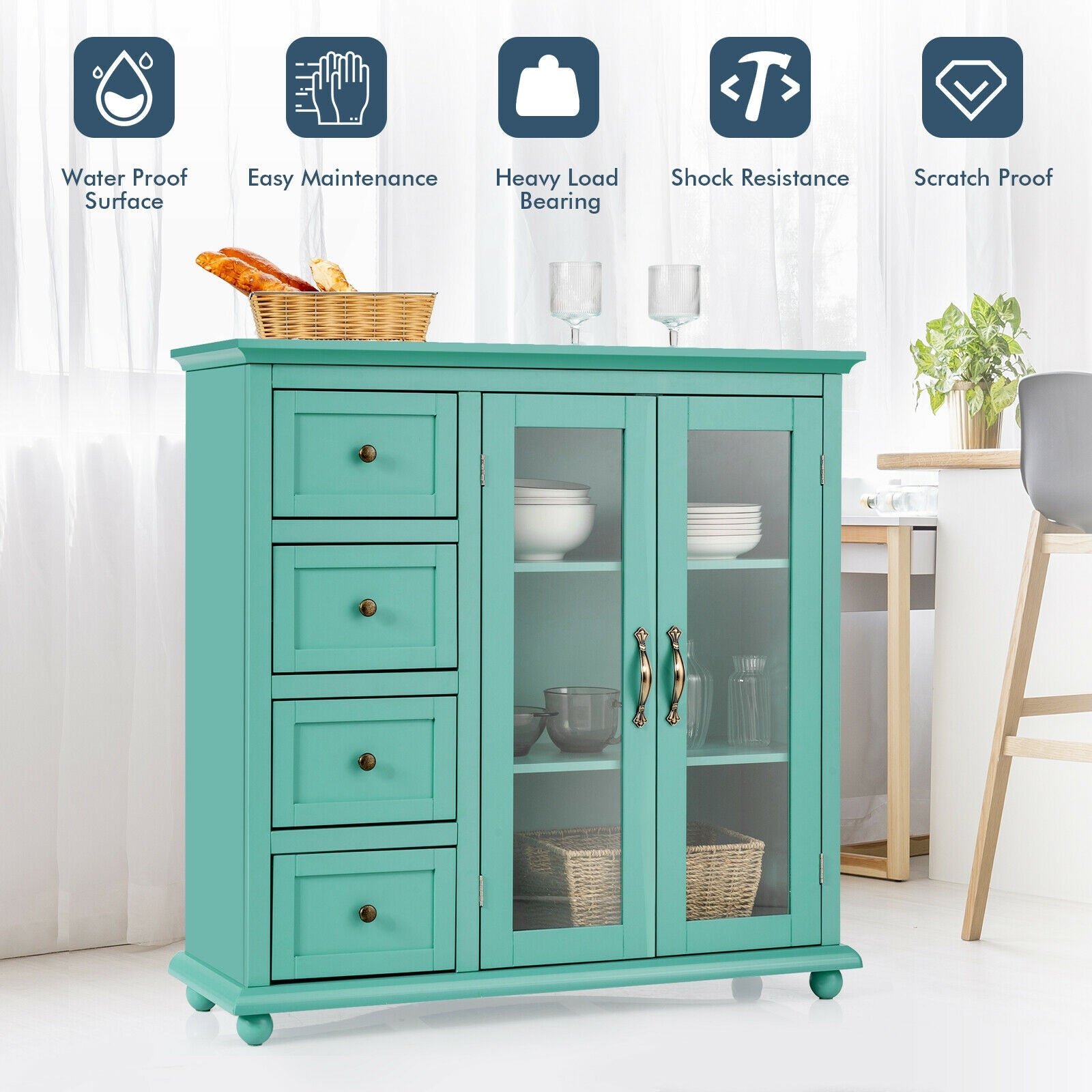 Buffet Sideboard Table Kitchen Storage Cabinet with Drawers and Doors-Green