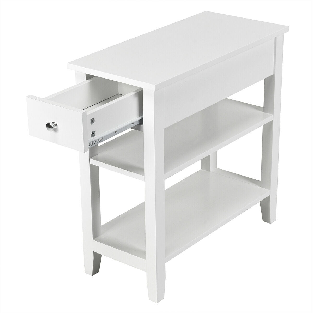 3-Tier Nightstand Bedside Table Sofa Side with Double Shelves Drawer-White